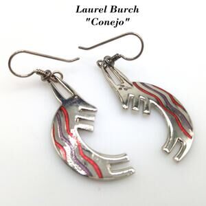 Laurel Burch "Conejo" Rabbit Dangle Earrings, Striped Red Purple Enamel, Vintage